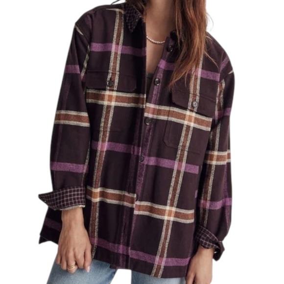 Madewell Plaid Rigby Flannel Shirt Jacket Shacket Spiced Raisin Button Up Sz XL - Picture 1 of 15